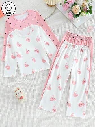 4 件套女童睡衣，幼儿夏季和秋季休闲可爱波尔卡圆点和心形印花圆领短袖 T 恤和短裤睡衣套装