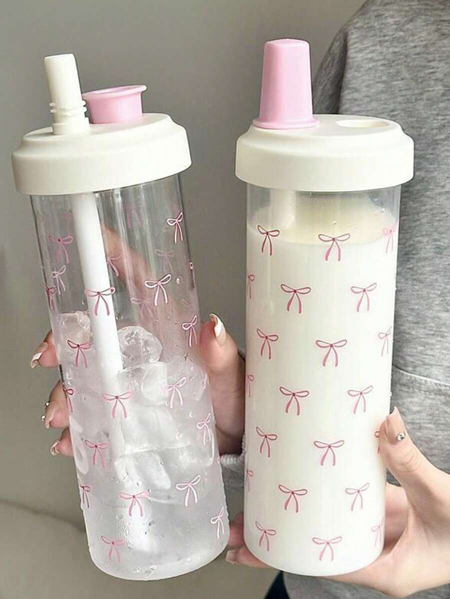 1pc Minimalist Pink Bow 850ml Capacity Water Bottle, Pearl Milk Tea Summer Cup, Portable High-Value Niche Large Capacity Thick Straw Plastic Cup, Suitable For Girls And Students