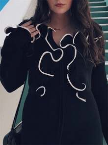 Women's Tie Front Knit Cardigan Solid Color/Contrast Color Long Sleeve Ruffled Cropped Sweater - Black - View 6