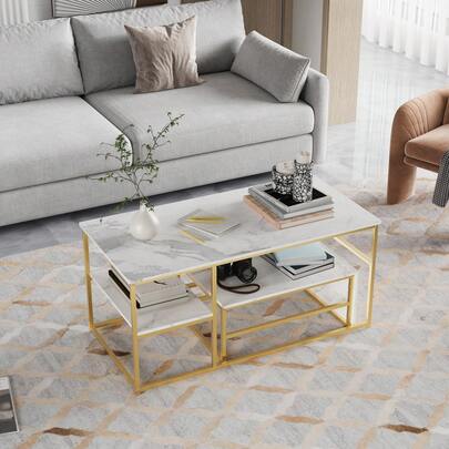 fangange 2er-Set Moderne Couchtische, Stilvolle Satztische mit Stauraum, Rechteckig, mit Metallrahmen, für das Wohnzimmer