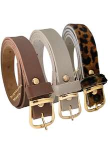 Kit Of 3 Women's Belts With Gold Buckle, Fashion, 2cm Wide, Simple, Casual, PU Leather - 焦糖色,美洲虎色,米色 - 查看 2