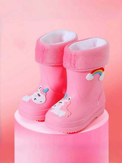 2025 New Children's Mid-Calf Rain Boots, Thick Warm Durable Rubber Boots, Cute Cartoon Plush Fabric High-End Rain Shoes For Boys And Girls, Elementary School Students, Fresh Style Mid-Calf Rain Boots, Sturdy And Waterproof, Anti-Slip