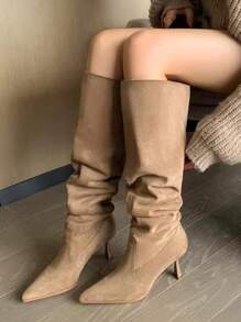 女士秋冬时尚过膝长靴，褶裥设计尖头高跟靴，卡其色，适合日常办公、商务、派对等场合，猫跟靴