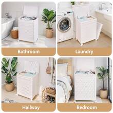 VECELO White Laundry Hamper With Wheels & Lid - 2-Section Rolling Storage Basket, Lockable Casters For Home Closet Organizer, 19x14x19 Inch - trắng - Xem 3