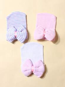 Set de 3 gorros de bebé recién nacido con lazo tejido, adecuado para otoño/invierno