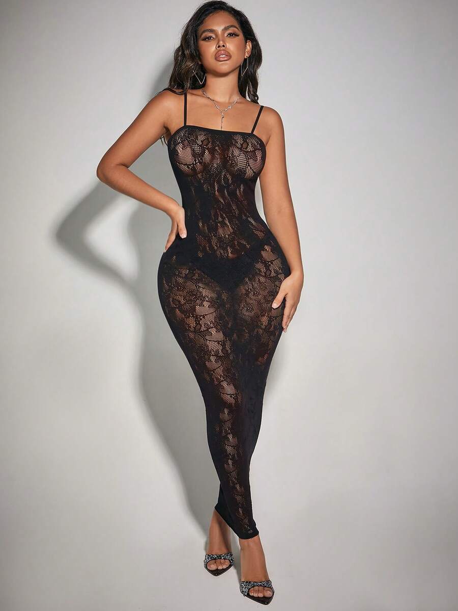 Women Lace Hollow Out Spaghetti Strap Maxi Dress - Black - View 1