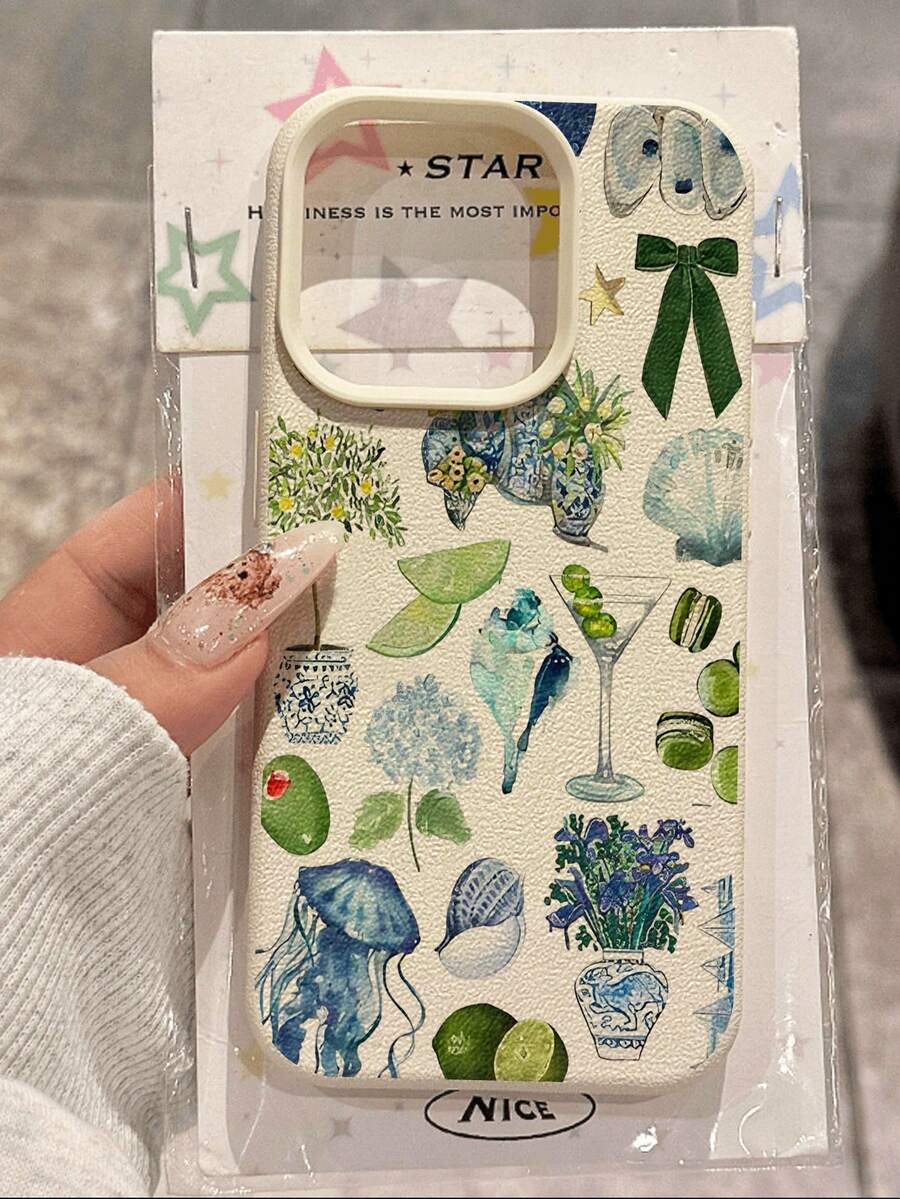 1个可爱复古清新绿色柠檬水母插画荔枝纹理防摔防滑软手机壳,兼容苹果手机,国际版,非国内版 - 彩色 - 查看 1