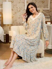 RS Pajama1 蕾丝 V 领长袖撞色蕾丝浪漫优雅印花睡裙，秋季，冬季，宽松睡衣 - 薄荷綠 - 查看 4