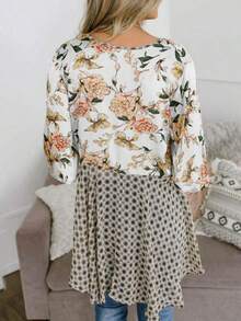Women 3/4 Ruffle Sleeve Floral Kimono Cardigans Lightweight Patchwork Flowy Boho Tie Loose Cover Ups - White - View 3