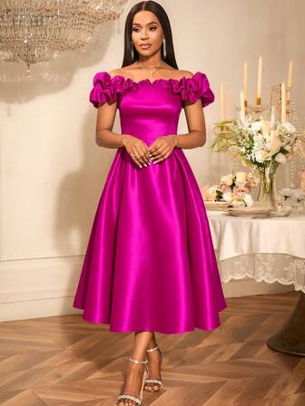 Women Shiny Ruffles Off Shoulder Long Evening Party Dress High Waist A-Line Swing Evening Party Dresses,Outfit For Date,Party,Wedding Dress,Bridesmaid Dress,Graduation Dress,Wedding Guest Fall Women Clothes, Chic Evening Dress Stylish Clothing Collection Rose Outfit For New Year's Eve
