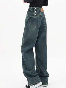 Vintage Denim Jeans With Pockets Baggy Jeans For Women Vintage Wide Leg Straight Denim Pants Womens Casual Trousers Spring Clothes - 藍色 - 查看 3