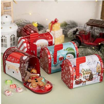 1 件圣诞邮箱糖果盒节日金属礼品盒，用于零食、巧克力和小礼物，马口铁存储，带有季节性设计 - 适合一般送礼。圣诞礼品袋、圣诞老人礼物袋、雪人手提包、圣诞苹果糖果袋、糖果礼品袋、装饰纪念品袋圣诞节圣诞装饰万圣节装饰