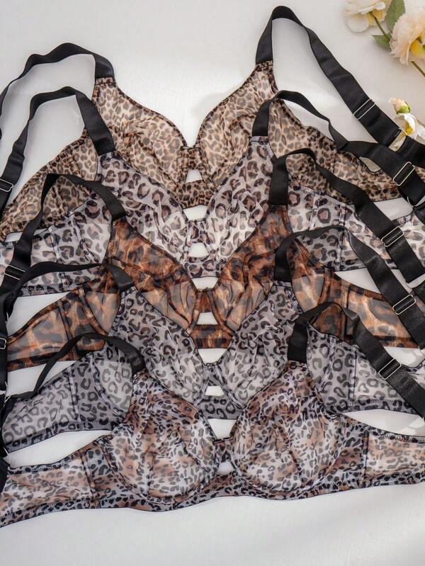 Set de 5 sujetadores con aros y copas suaves con estampado de leopardo, cómodos y de talla grande para levantar el busto
