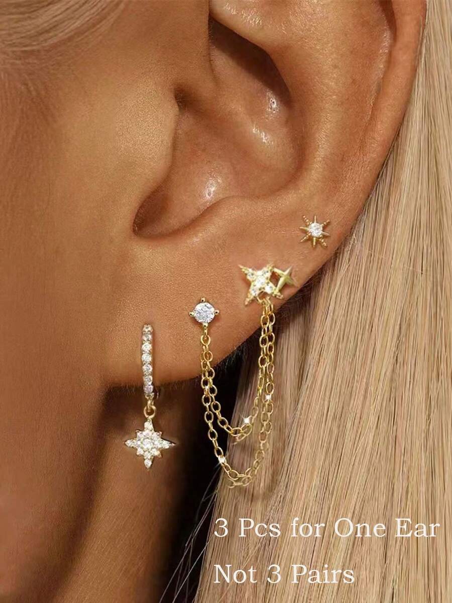 Bộ 3 khuyên tai hình ngôi sao nhỏ đính đá Zirconia, mạ vàng 14K, không gây dị ứng, khuyên tai đinh tán hình ngôi sao mỏng nhẹ, thích hợp đeo hàng ngày, phù hợp với nhiều lỗ xỏ khuyên, unisex. - 3 chiếc-Vàng-6# - Xem 1