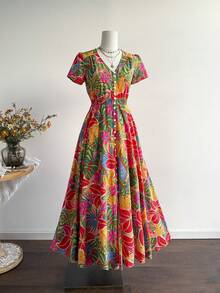 Rusttydustty Đầm maxi nữ cổ chữ V họa tiết hoa nhí, thắt eo, phong cách bohemian, thích hợp mặc đi biển, dự lễ hội âm nhạc, hoặc đi nghỉ mát ở vùng nhiệt đới. - Nhiều màu - Xem 8