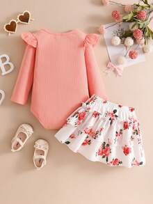 2pcs Baby/Toddler Girls' Cute Flare Sleeve Ribbed Long Sleeve Bodysuit And Bowknot Floral Print Skirt Casual Outfit Set