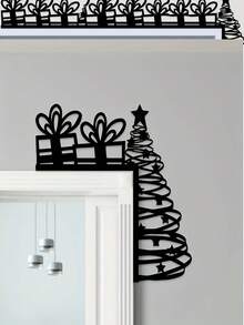1pc Decorative Metal Christmas Tree And Gift Corner Sculpture, Wall-Mounted Space Theme, Vertical, Thanksgiving And Christmas Decor, Home Office Wall Art Home Decor Christmas Decorations Room Decor - Black - View 1