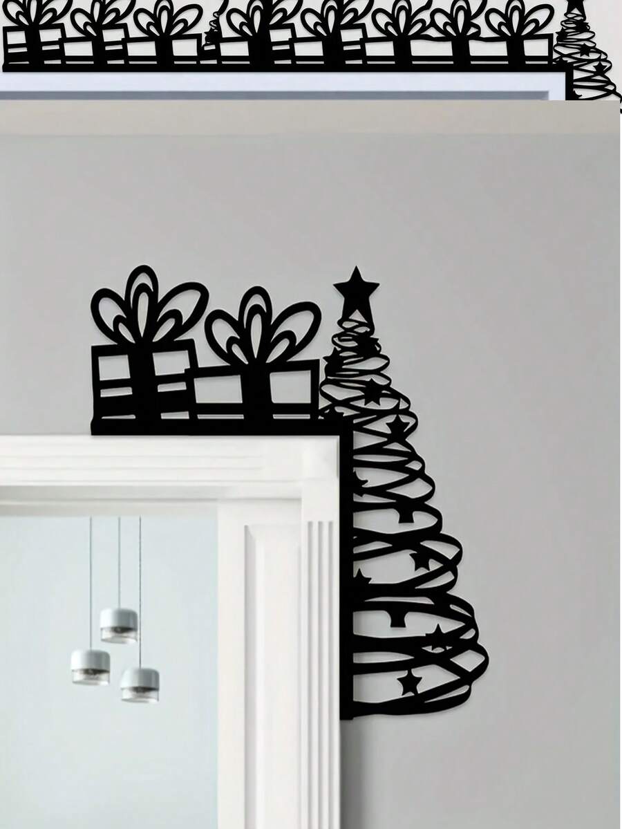 1pc Decorative Metal Christmas Tree And Gift Corner Sculpture, Wall-Mounted Space Theme, Vertical, Thanksgiving And Christmas Decor, Home Office Wall Art Home Decor Christmas Decorations Room Decor - Black - View 1