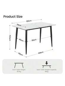 Modern Rectangular Dining Table Kitchen Table With Marble Effect Top And Metal Legs, 120x70cm Wooden 4-6 Seater Dinner Table For Home, Cafe And Restaurant - White - View 3