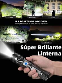 Linterna táctica de alta potencia con largo alcance, luz LED con pantalla LCD de visualización de alimentación, recargable por USB, con zoom telescópico, linterna para camping - Negro - Ver 3