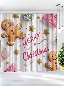 1 Piece/4 Pieces Christmas Scene Winter Decor, Pink Gingerbread Man, Snowflake, Christmas Shower Curtain, Modern Personalized Bathroom Christmas Decor, Waterproof Fabric Shower Curtain Set With 12 Hooks, Non-Slip Bathroom Rug, U-Shaped Toilet Mat, Toilet Lid Cover, Christmas Home Decor. Bathroom Decor
