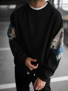 Men's Old Money Casual Sporty Loose Sweatshirt, Fall, Long Sleeve Top - Black - View 1