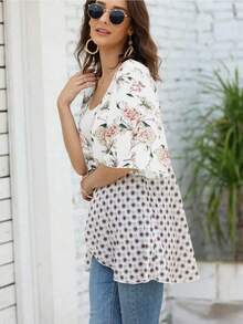 Women 3/4 Ruffle Sleeve Floral Kimono Cardigans Lightweight Patchwork Flowy Boho Tie Loose Cover Ups - White - View 6