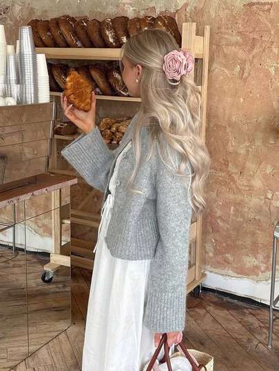 Nuevo cárdigan de mujer de unicolor, abrigo gris de manga larga versátil, romántico para otoño, atuendo para salir, de vuelta a la escuela