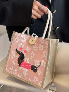 女士多功能亚麻手提袋，可爱腊肠犬和爱心图案，可重复使用印花手提袋，双提手购物/书包，大容量单肩包，休闲手提包，圣诞节收纳袋，返校午餐包，午餐整理包，教师节礼物袋，简约包，护士包，医生包，可爱风 - 彩色 - 查看 3