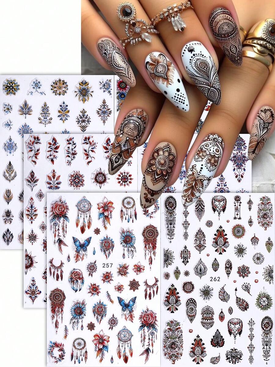 2/6 件 3D 波西米亚风格指甲贴纸，神秘哥特式曼陀罗花卉印花贴花雕刻美甲装饰贴片，美甲配件工具，美甲用品 - 彩色 - 查看 1