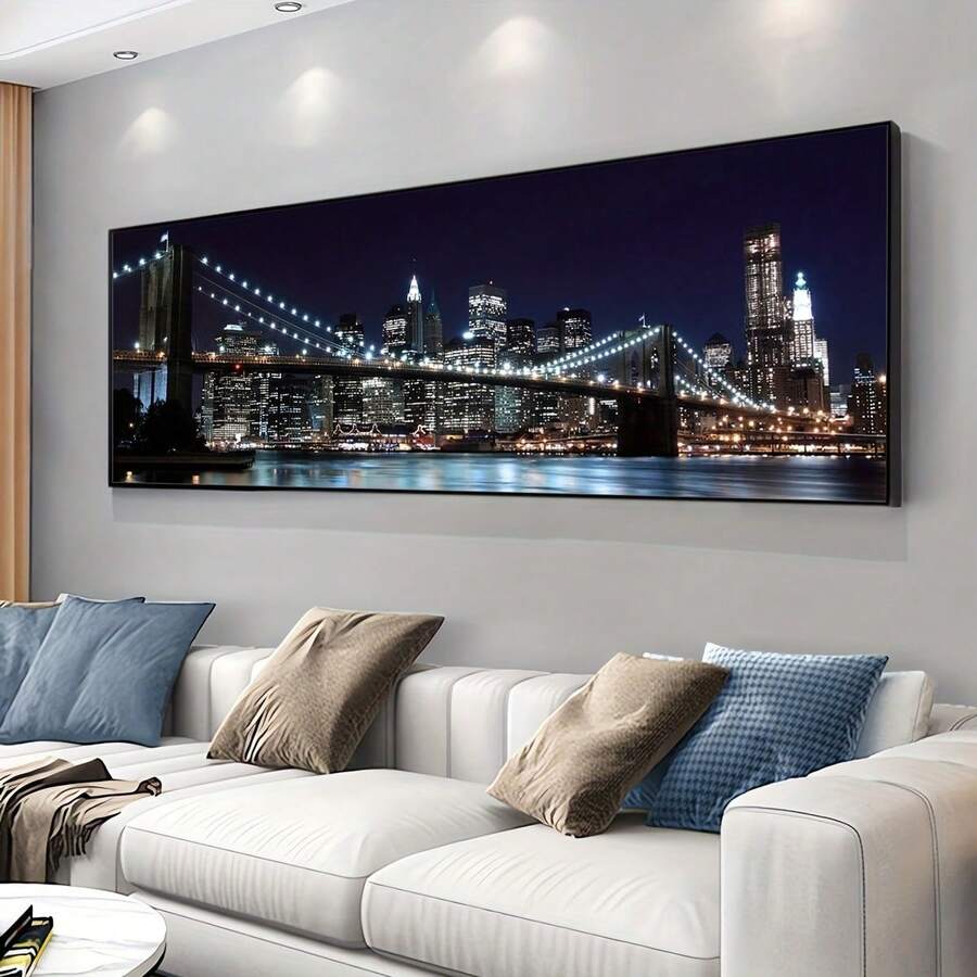 Quadro em tela com a Ponte do Brooklyn (1 peça) - Pôster em tela com a paisagem urbana da Ponte do Brooklyn, decoração de parede moderna com vista para a cidade, presente perfeito para casa e escritório, tecido impresso à prova d'água, sem moldura, decoração de parede.