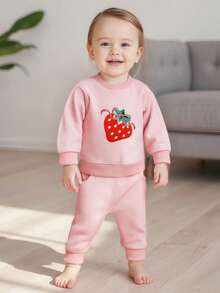 Baby Girl Waffle 2 Piece Outfits Strawberry Embroidery Long Sleeve Crew Neck Tops And Elastic Waist Pants Set - Hồng - Xem 2