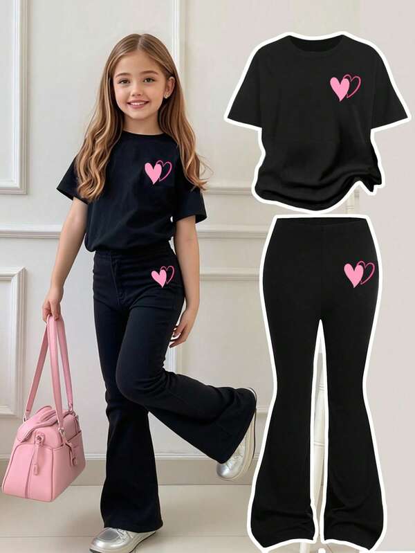 女童 T 恤套装，带心形图案短袖上衣和喇叭裤，适合 8 岁女童服装