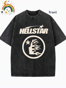 Star Pattern And "" Letter Print Men'S Summer Loose Fit Short Sleeved Washed Vintage 230g Pure Cotton Comfortable Breathable Casual Street Round Neck T-Shirt - màu đen - Xem 1