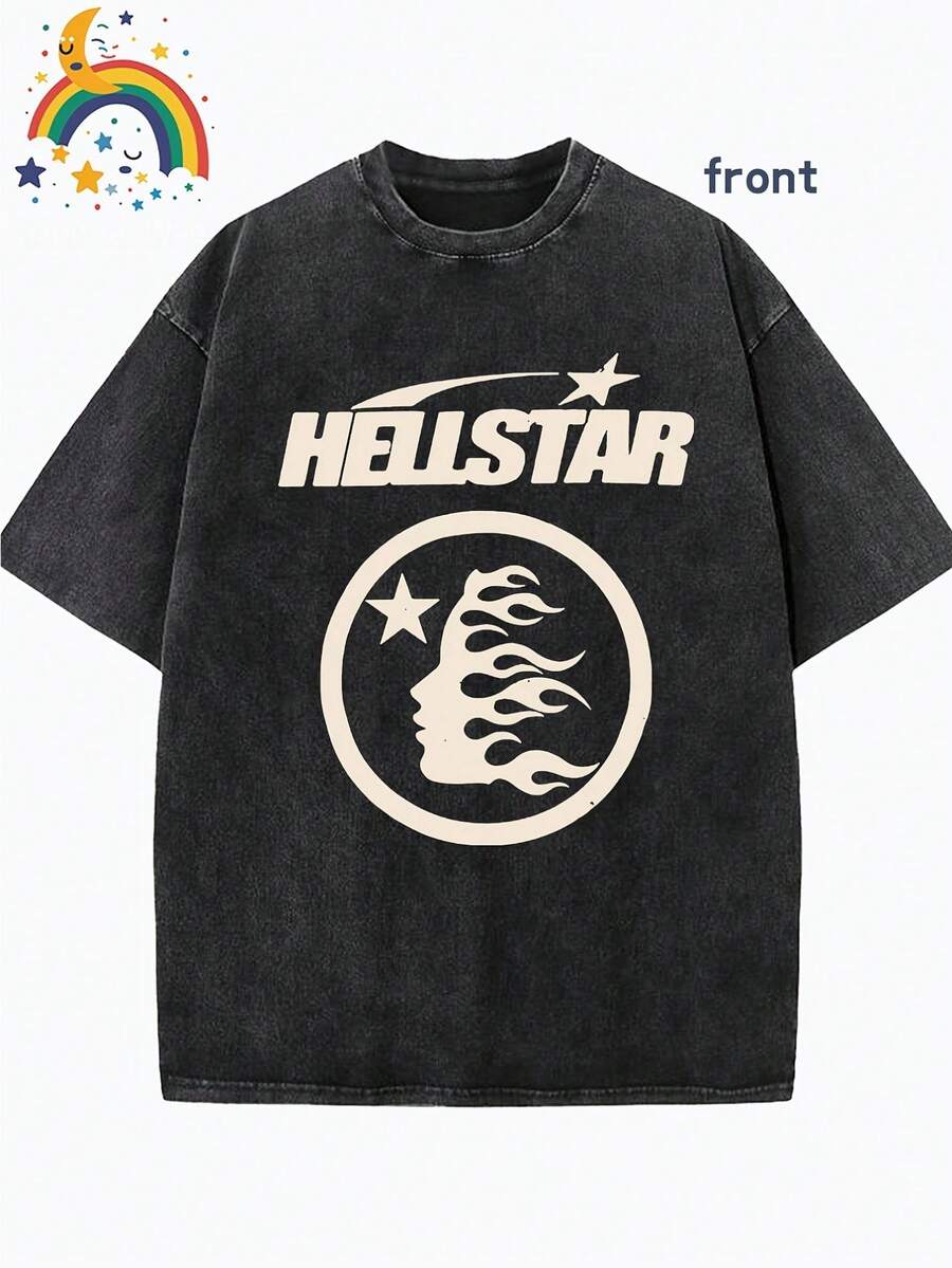 Star Pattern And "" Letter Print Men'S Summer Loose Fit Short Sleeved Washed Vintage 230g Pure Cotton Comfortable Breathable Casual Street Round Neck T-Shirt - màu đen - Xem 1