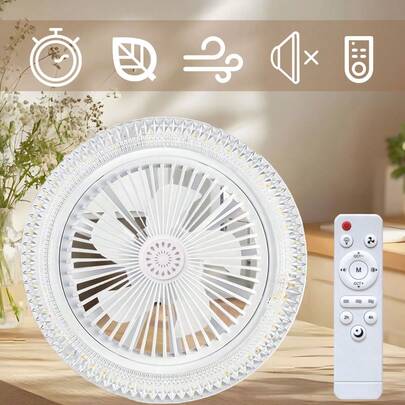 26厘米遥控吊扇灯，30瓦三档风速，三种色温（3000K-6500K）可调光LED灯泡，螺口吊扇，360°旋转迷你吊扇，E27灯座，适用于卧室、厨房、衣柜等场所，无线迷你吊扇灯 - 白色，升级版水晶灯罩，带香薰功能