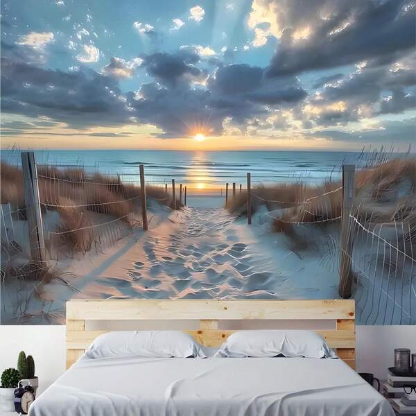 2D Polyester Fiber Beach Sunset Backdrop Banner, Coastal Landscape Wall Decor, Blue Sky & Ocean Theme Party Supplies, Suitable For Indoor & Outdoor Celebrations, Birthday & Anniversary