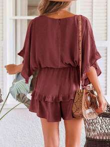 Saodimallsu Womens Ruffle Layered V Neck Beach Romper Drawstring Waisted Shorts Jumpsuit - Đậu đỏ xay nhuyễn - Xem 2
