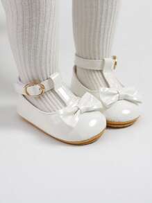 女婴玛丽珍平底鞋，带蝴蝶结，防滑软底，PU皮革，新生儿，幼儿学步鞋，正装鞋