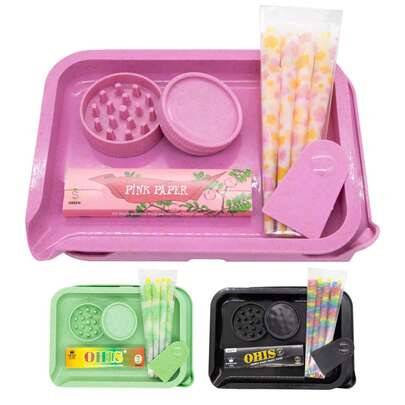 1 set de kit de démarrage pour fumeurs, comprenant un plateau à double couche, un broyeur en plastique à double couche, des papiers à rouler de 110 mm à double couche, 8 pièces de cigarettes à combustion lente avec motifs pratiques en rose, noir et vert. Cadeau pour les amateurs de tabac, convient pour les fêtes, les voyages, Noël