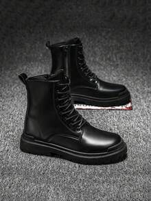 男士黑色休闲摩托车皮靴，系带设计，防滑，增高，适合秋季、青少年及年轻成人穿着，休闲百搭，四季皆宜 - 多色 - 查看 2