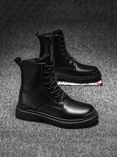 Stivali casual da motociclista neri da uomo taglia oversize, con lacci, antiscivolo, con rialzo, adatti per l'abbigliamento casual di tutte le stagioni