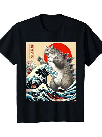 Catzilla Cat Japanese Art Funny Cat Gifts For Men Women T-Shirt ,Silly Cat memes Shirt, Ironic Tshirt, Goofy Ahh T Shirt, Gift for Women and Men, Watermelon Cat Tee