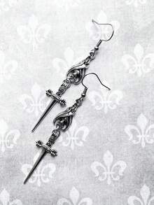 1雙哥特式吸血鬼蝙蝠&劍形狀合金耳環適合女士,日常穿著 - 復古銀色 - 查看 2