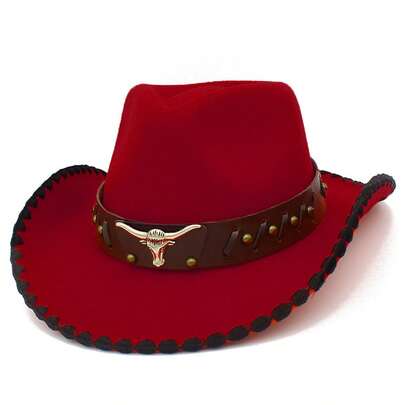 Retro Carnival Cowgirl Hat For Women Men Bull Head Leather Belt Wide Brim Western Cap