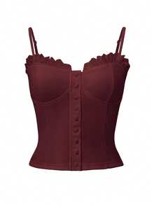 Sunny Girly Fall Women Clothes Y2k Back To School A Sexy And Pure Style Button-Down Front Button-Fitted Halter Top Romantictops Going Out Tops Women - Burgundy - View 3