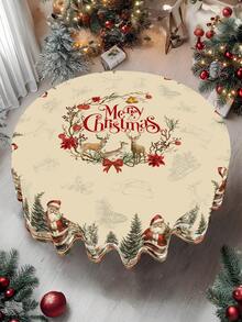 1pc Christmas Tablecloth, Vintage Santa Claus Snowman Christmas Tree Reindeer Pattern, 100% Polyester, Round/Rectangular, Holiday Kitchen Dining Table Decor, Christmas Party Decoration, Home Decor - Multicolor - View 5