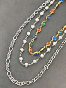 DIY Stainless Steel Multicolour Round Bead Agate Three Layer Pants Chain Men One's Waist Luxury Accessories Retro Keychain Hip Hop Jewelry Product Colors Randomly Send