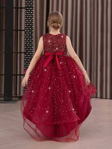 Tween Girl Christmas Elegant Sequin Trailing Tulle Princess Dress, Suitable For Birthday Party, Flower Girl, Wedding, Prom, Holiday Occasions - Burgundy - View 2