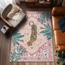 1pc Luxury Vintage Tiger & Floral Striped Totem Area Rug, Soft Faux Wool Wild Animal Farmhouse Style Washable Decorative Carpet For Living Room, Bedroom, Entryway, Bathroom, Hallway, Patio, Kitchen, Indoor Outdoor, All Season Large Mat - Light Pink - Home Decor - Multicolor - View 9